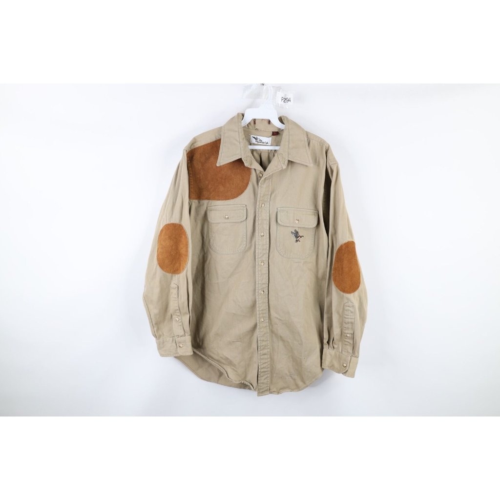 Vintage 70s Mens Large Heavyweight Leather Elbow Patch Shooting Button Shirt Usa